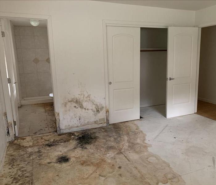 bedroom and bathroom with brown mold growth on white walls and tile flooring