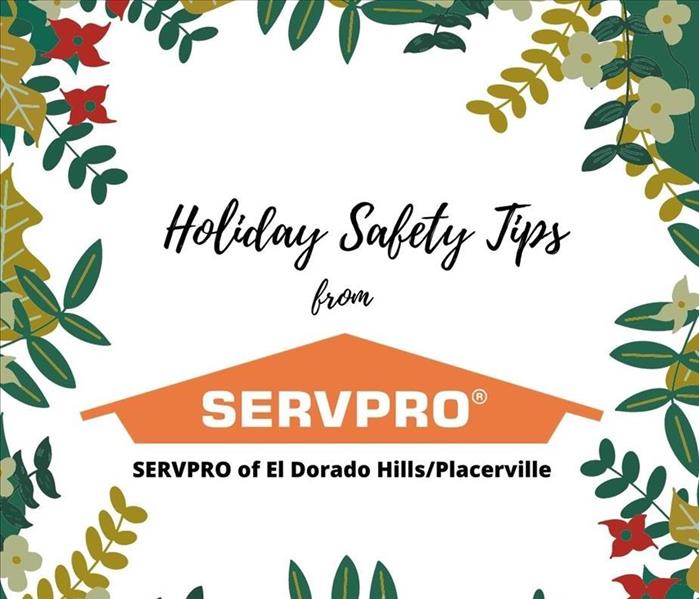 greenery and red poinsettia borders with black text 12 days of christmas safety tips from servpro fire damage near me nearby